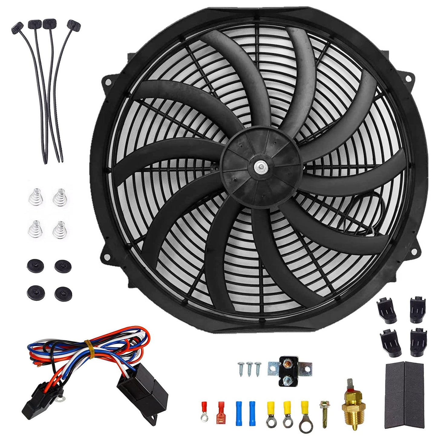 16 Inch Electric Radiator Cooling Fan 12V 120W 10 Blades Car Thermostat Kit
