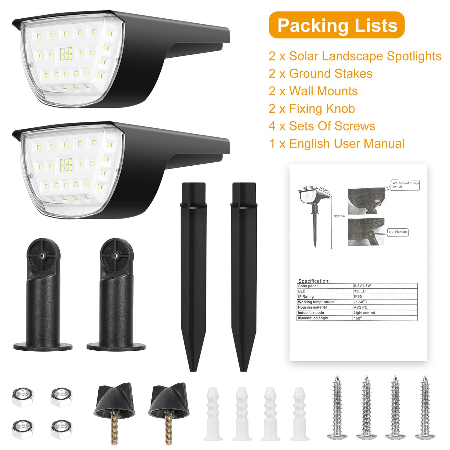 32 LEDs Solar Landscape Spotlights IP65 Waterproof Solar Lights