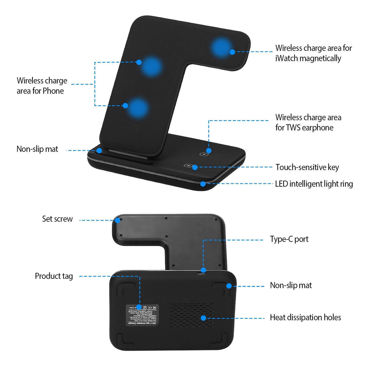 Wireless Charger 3 in 1 Charger Stand 15W Fast Charging Station Dock