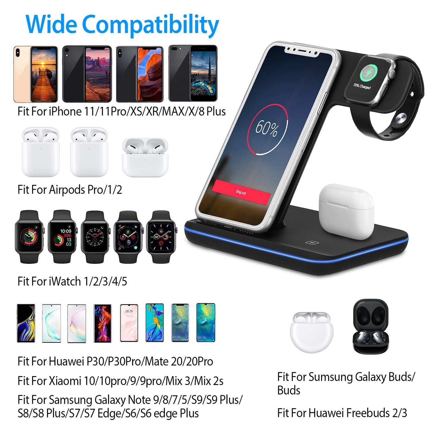 Wireless Charger 3 in 1 Charger Stand 15W Fast Charging Station Dock