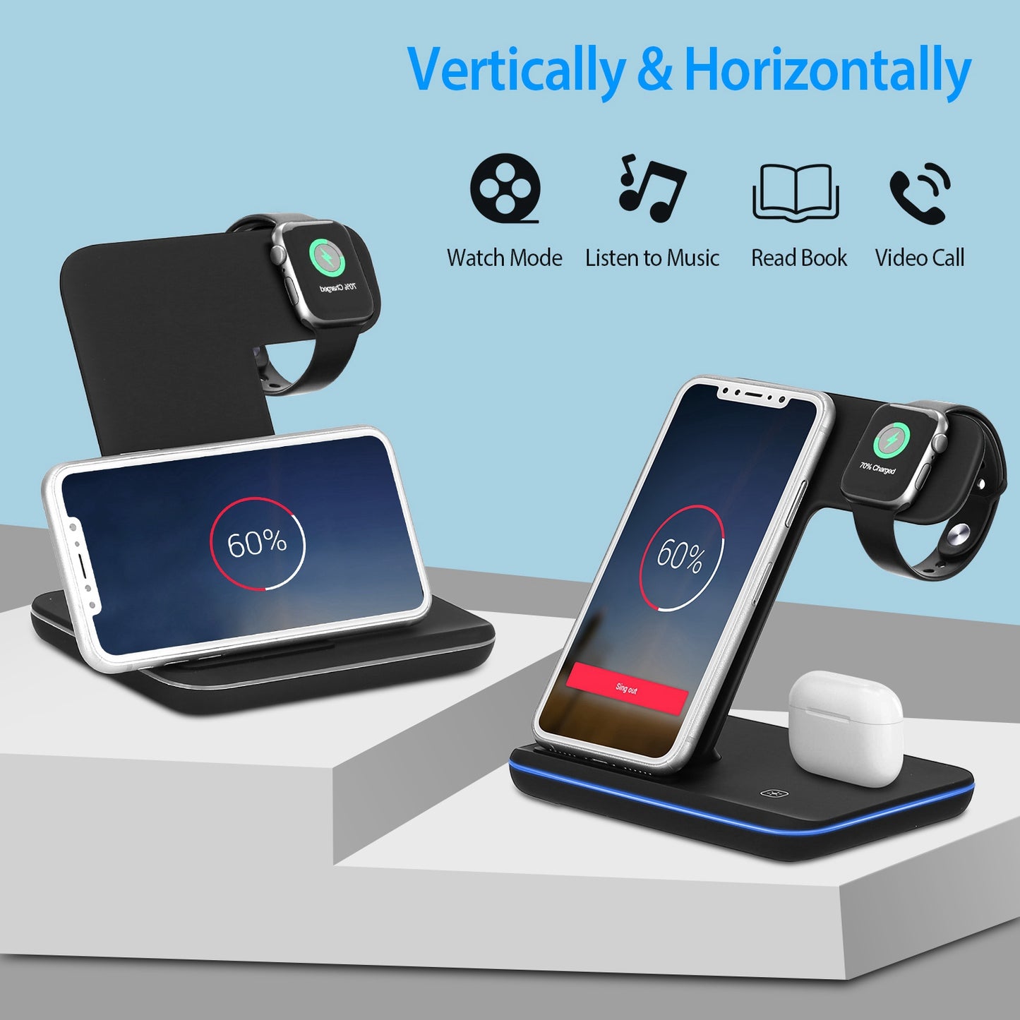 Wireless Charger 3 in 1 Charger Stand 15W Fast Charging Station Dock