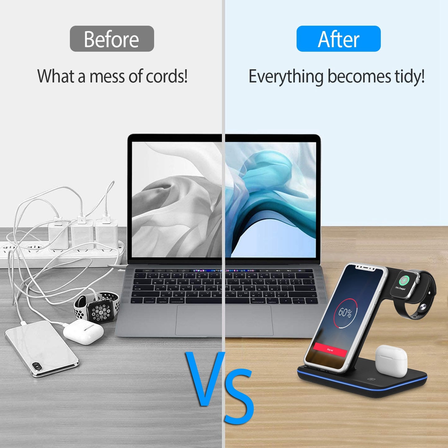 Wireless Charger 3 in 1 Charger Stand 15W Fast Charging Station Dock