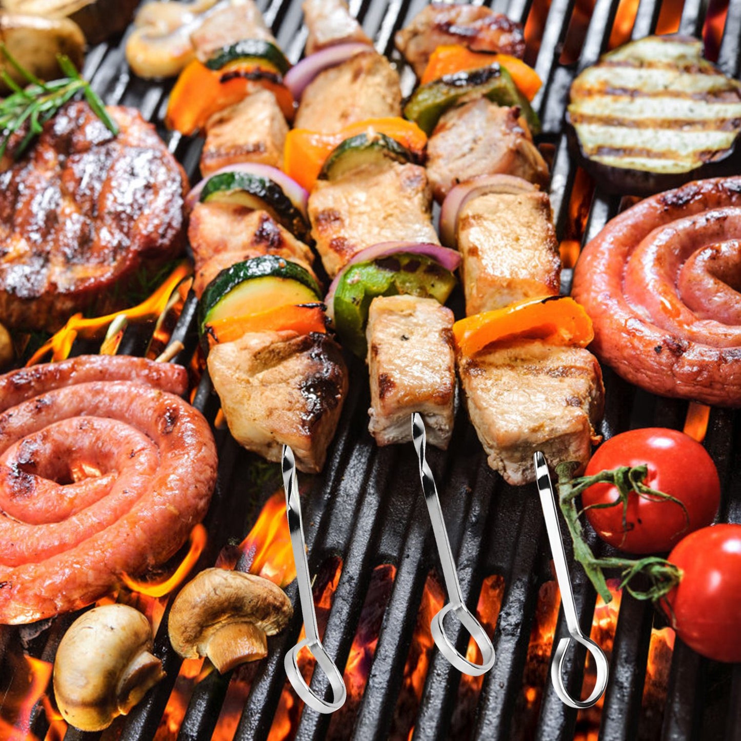 10Pcs BBQ Skewers 16in Kabob Skewers V-Shape Stainless Steel Shish Kebab Sticks