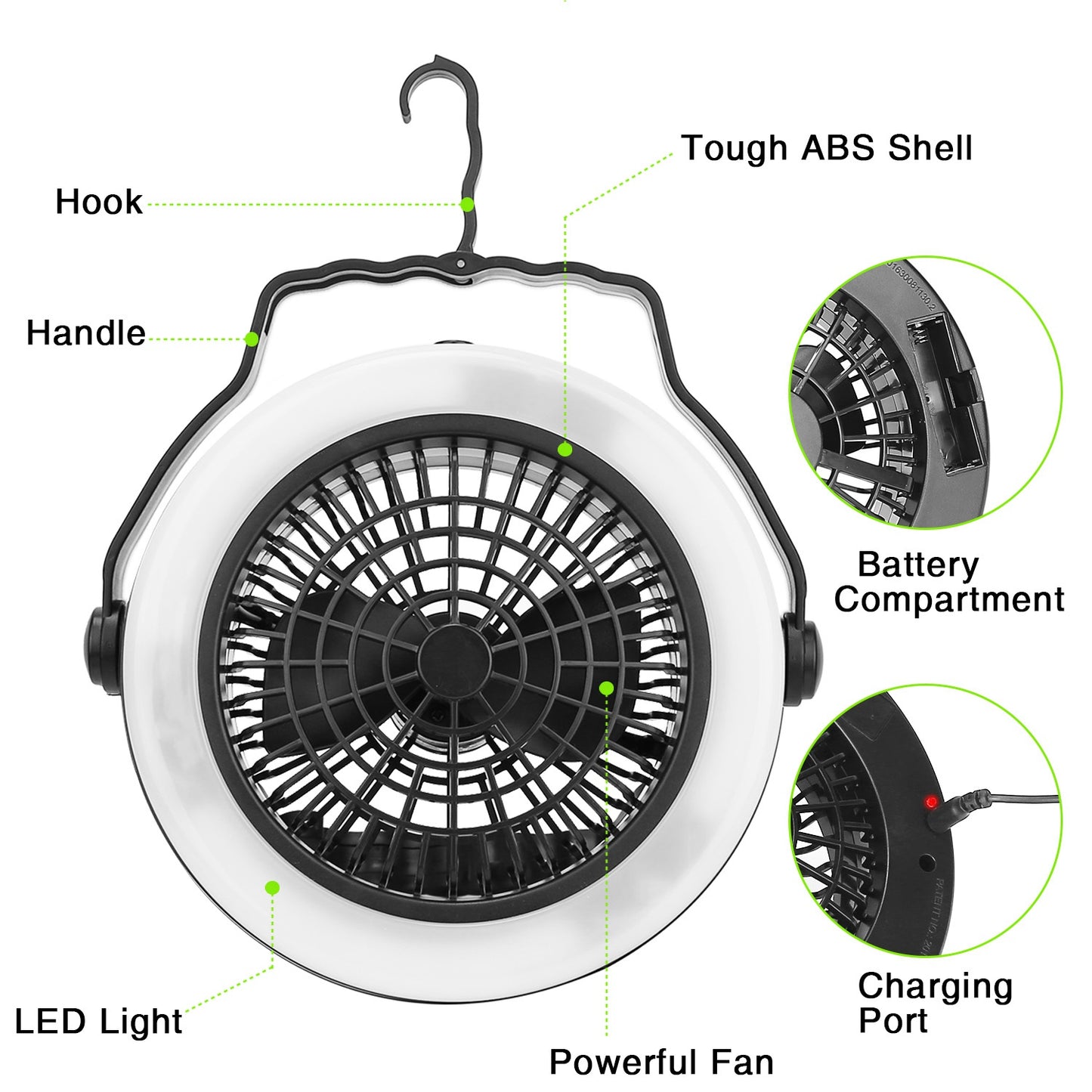 Portable Camping LED Fan 2 in 1 Outdoor Battery/USB Operated Hanging Hook