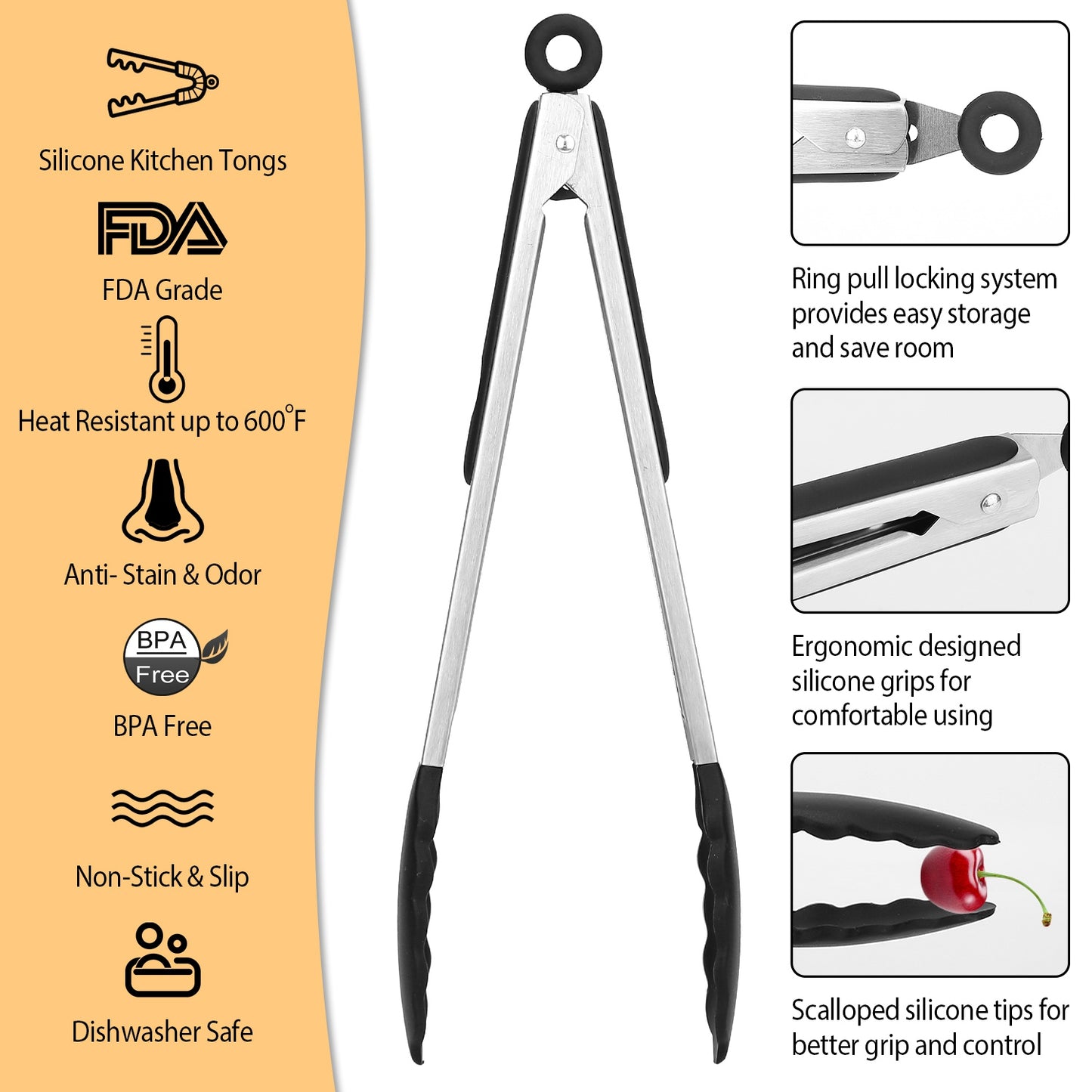 3Pcs Kitchen Tongs Stainless Steel Locking Food Tongs