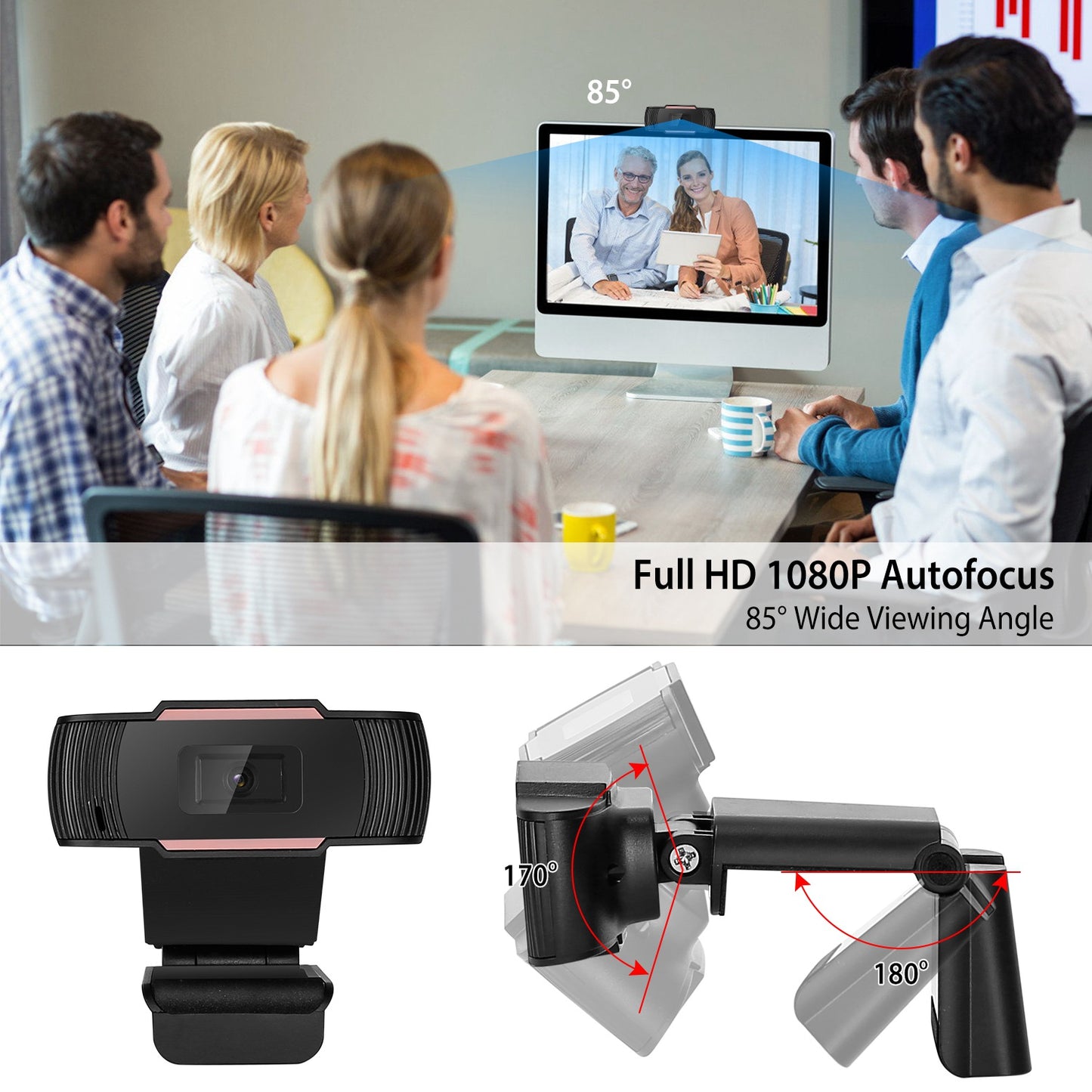 1080P USB Webcam Streaming USB Camera 170° Vertical Adjustment w/ Clip For PC Video Conferencing Gaming Facetime Broadcast