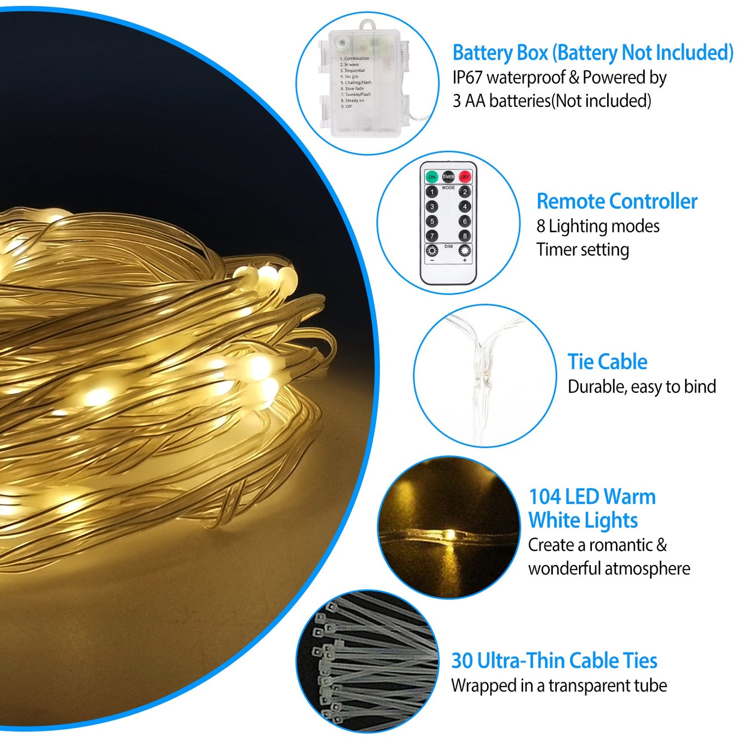Patio Umbrella Lights 8 Lighting Mode Waterproof Parasol Timer Lamps W/ Remote Controller 104 LED 8 Bundles Warm White for Patio Garden