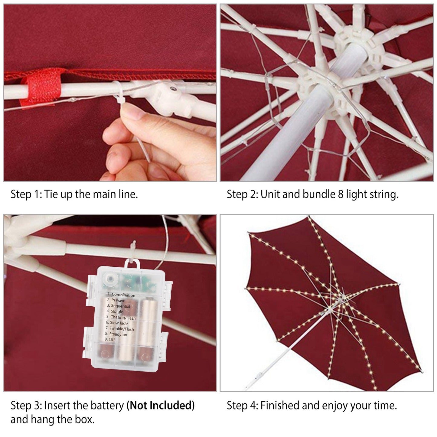 Patio Umbrella Lights 8 Lighting Mode Waterproof Parasol Timer Lamps W/ Remote Controller 104 LED 8 Bundles Warm White for Patio Garden