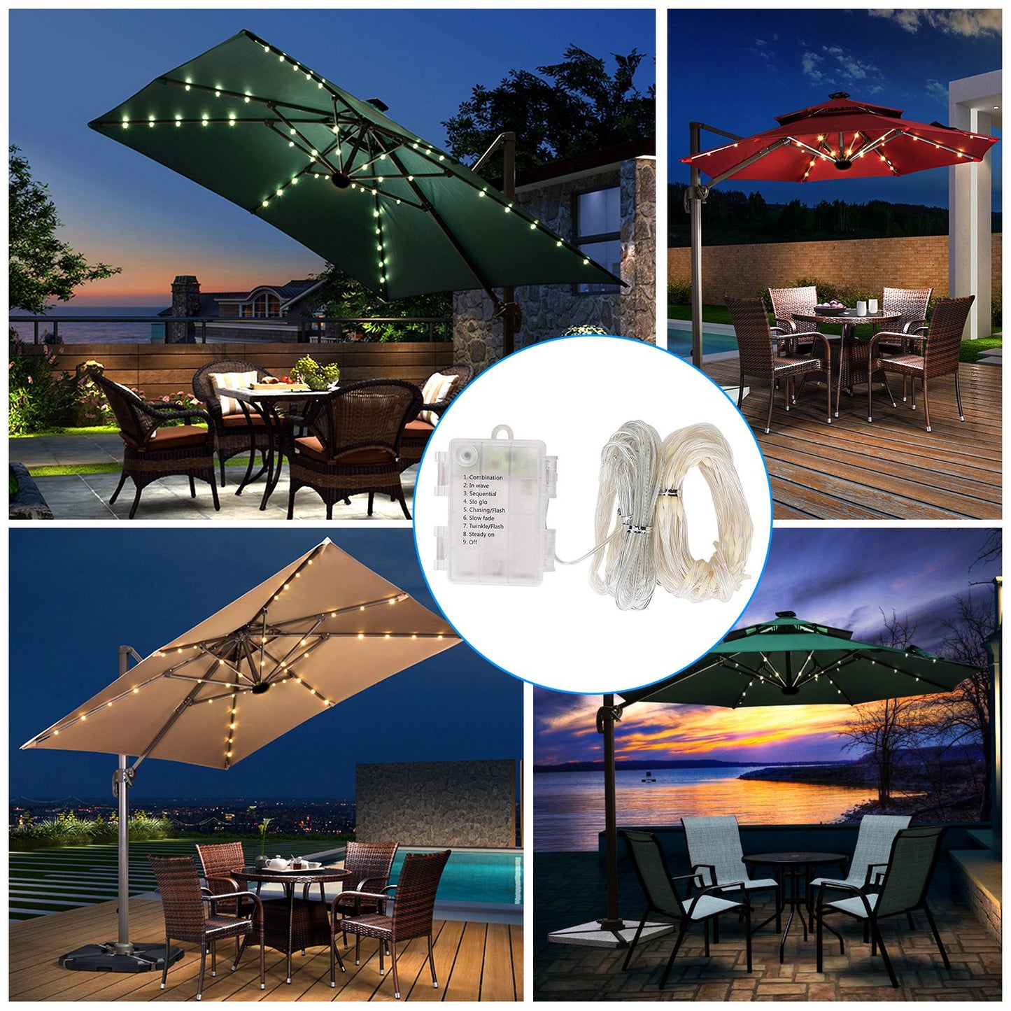 Patio Umbrella Lights 8 Lighting Mode Waterproof Parasol Timer Lamps W/ Remote Controller 104 LED 8 Bundles Warm White for Patio Garden