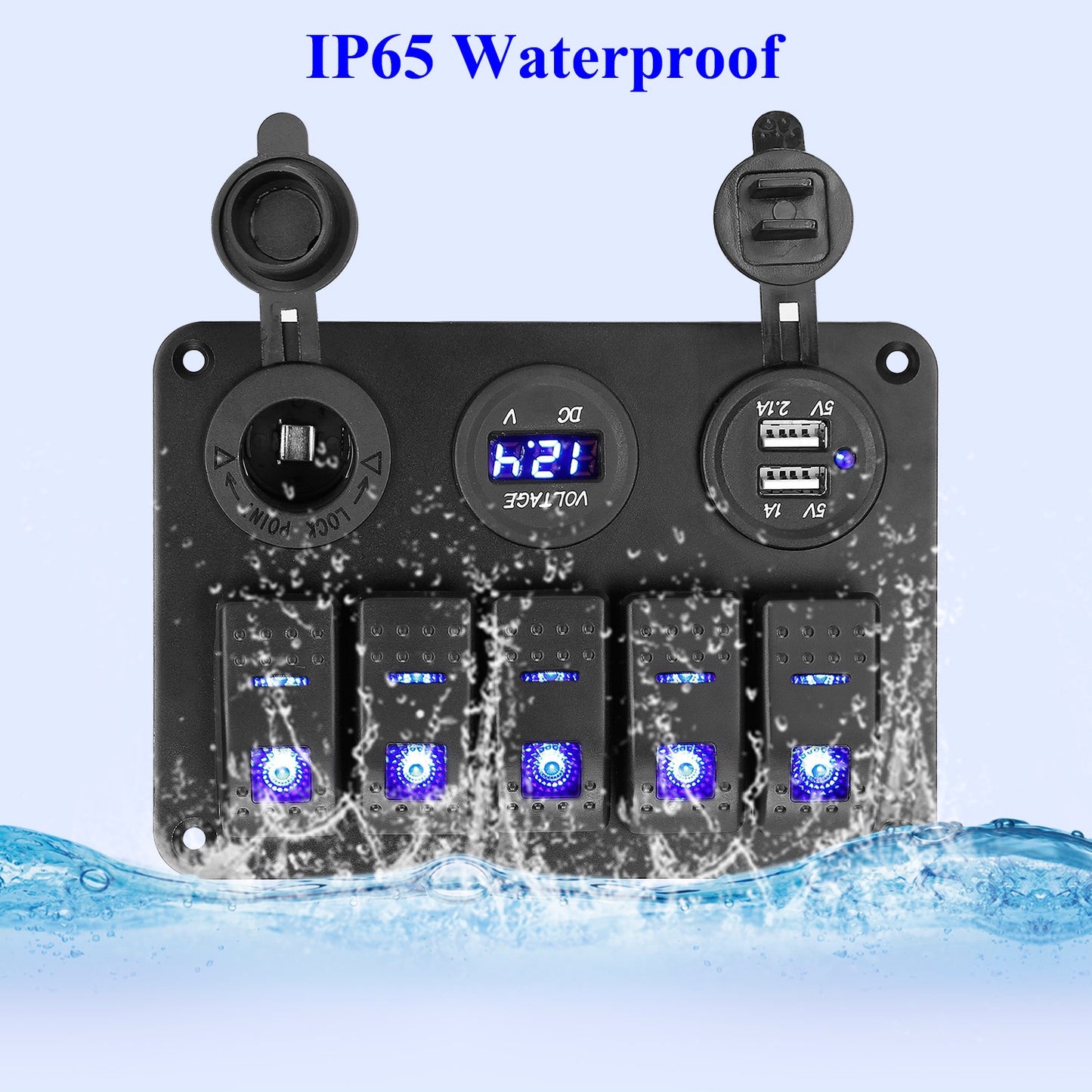 5 Gang Marine Panel Switch Digital Voltmeter ON-OFF Toggle Rocker Aluminum Panel LED Display Dual USB Charger Switch Panel For 12/24V Car