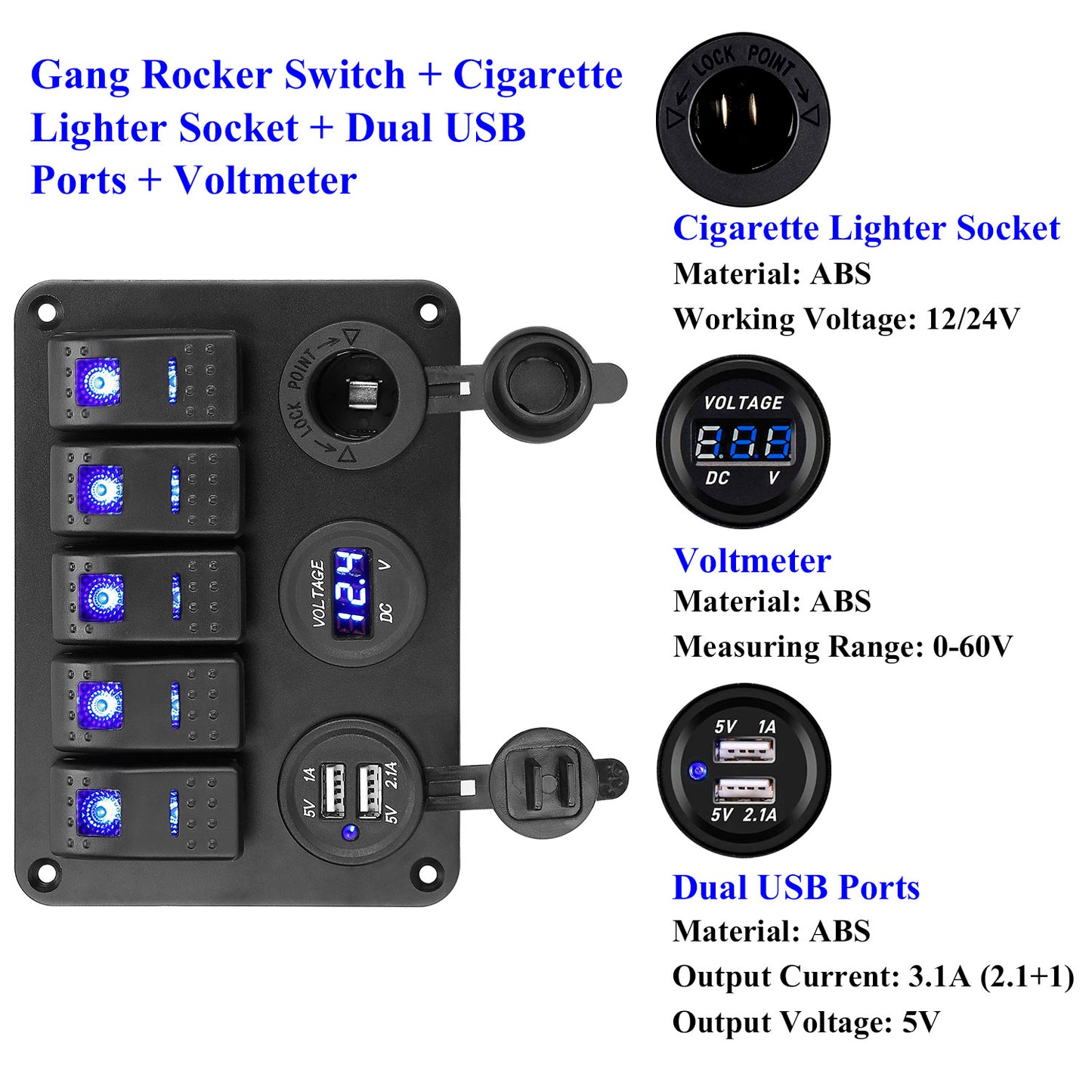 5 Gang Marine Panel Switch Digital Voltmeter ON-OFF Toggle Rocker Aluminum Panel LED Display Dual USB Charger Switch Panel For 12/24V Car