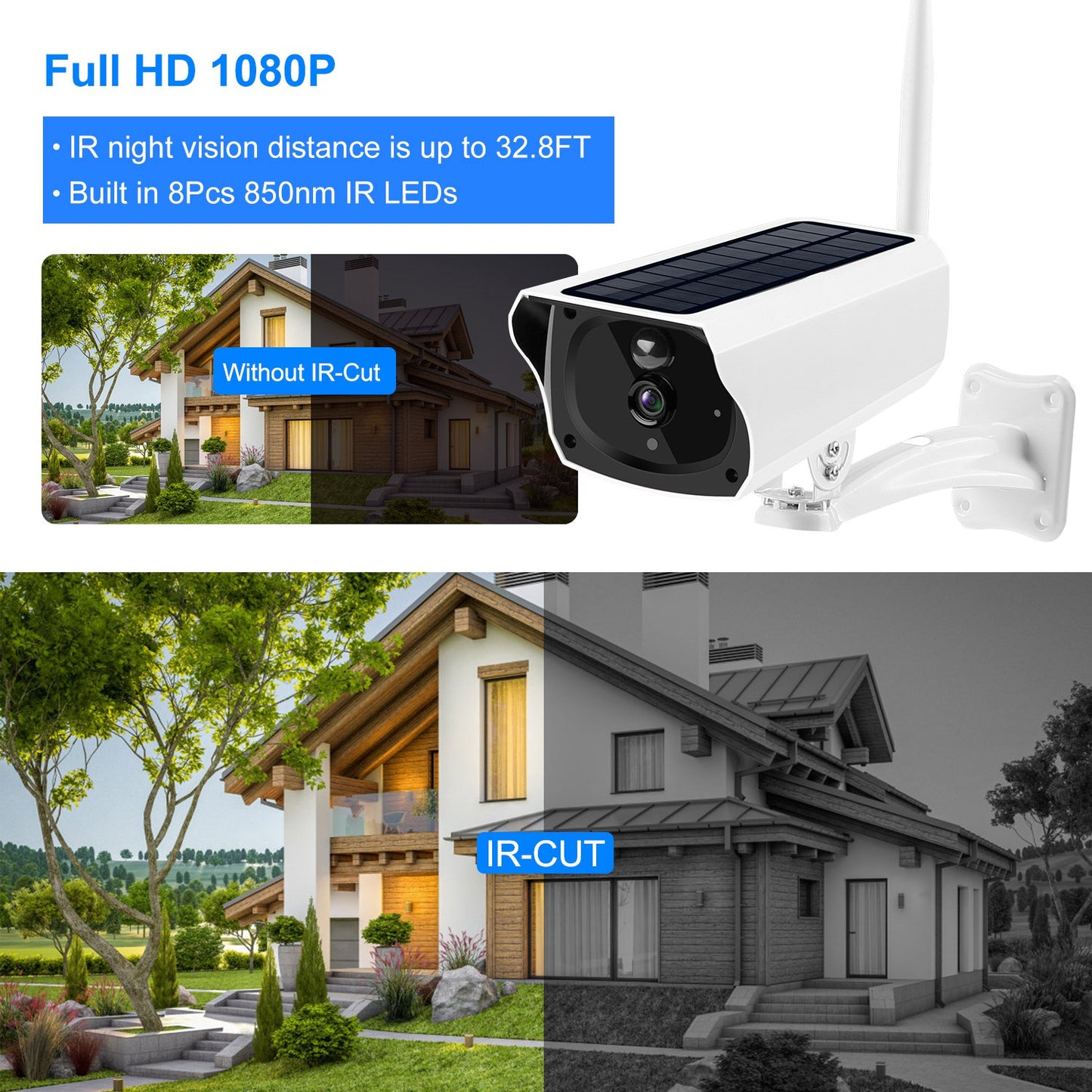 1080P Solar Powered WiFi IP Camera Two-Way Intercom Security Surveillance Camera IP66 Waterproof Motion Sensor