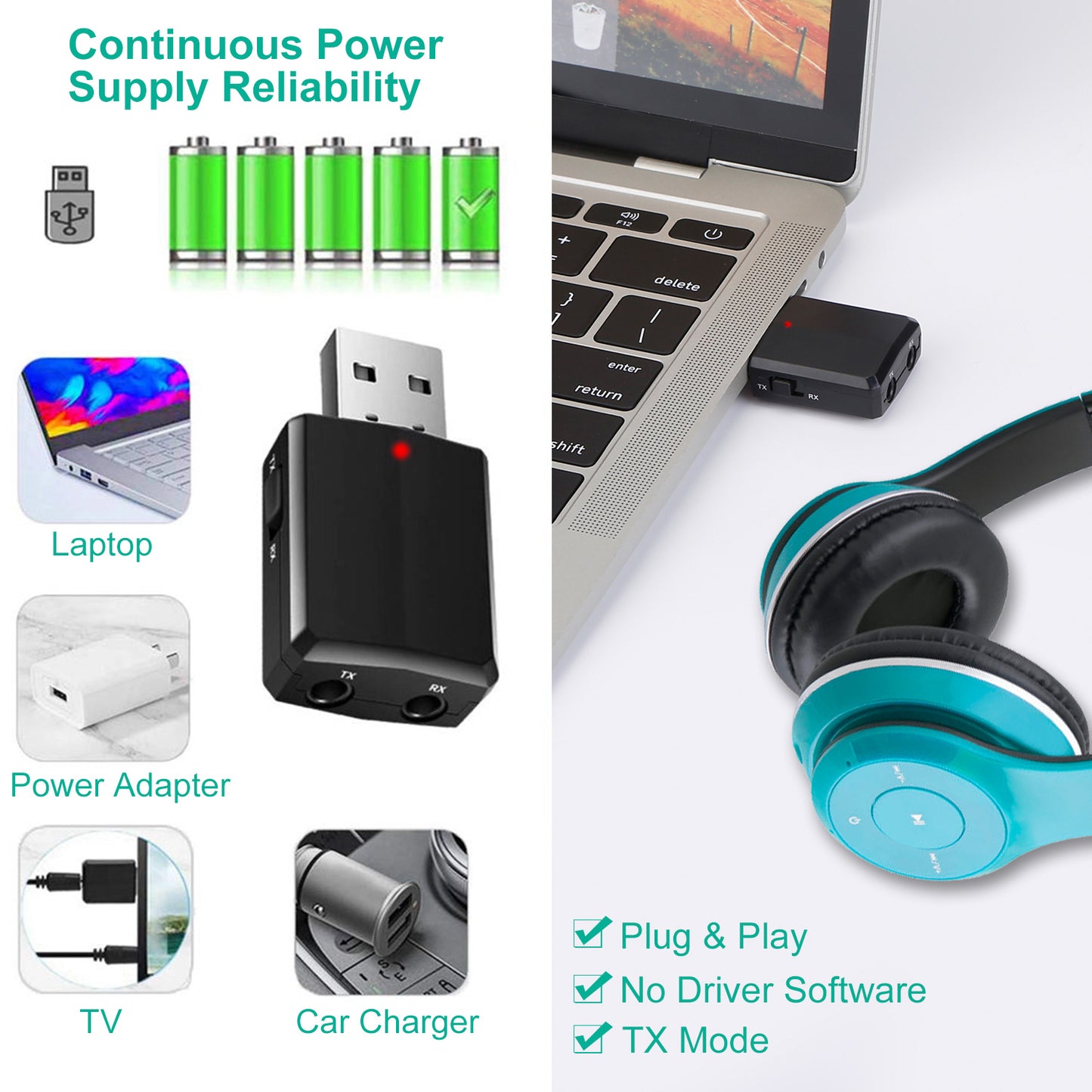 3 IN 1 Wireless V5.0 USB Audio Transmitter Receiver EDR Adapter Music Streaming For TV PC Headphones Car w/ 3.5mm Cable