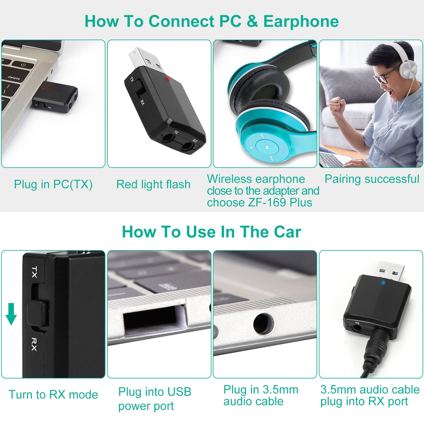 3 IN 1 Wireless V5.0 USB Audio Transmitter Receiver EDR Adapter Music Streaming For TV PC Headphones Car w/ 3.5mm Cable