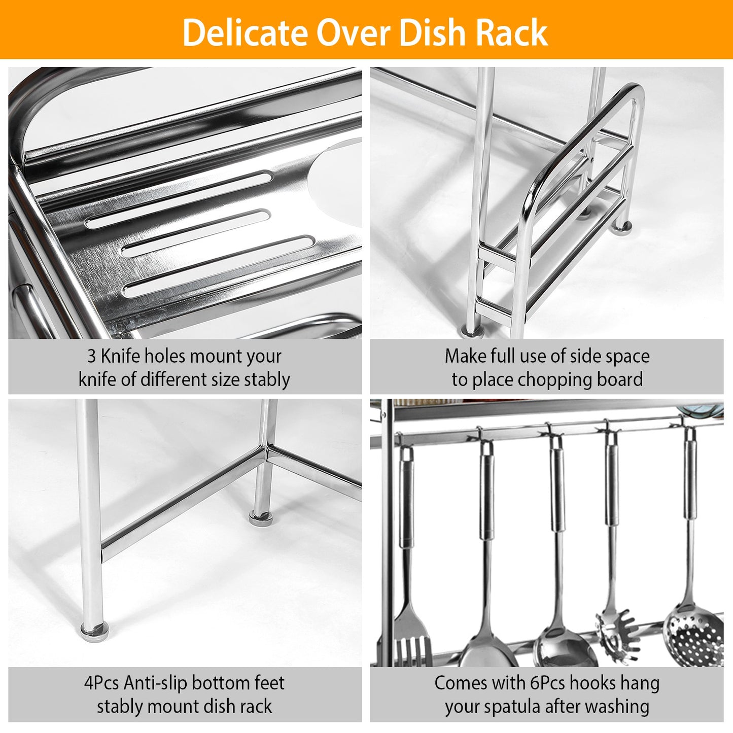 Over Sink Dish Drying Rack Shelf Stainless Steel Kitchen Countertop Bowl Dish Chopping Board Organizer Rack w/ Cutlery Holder