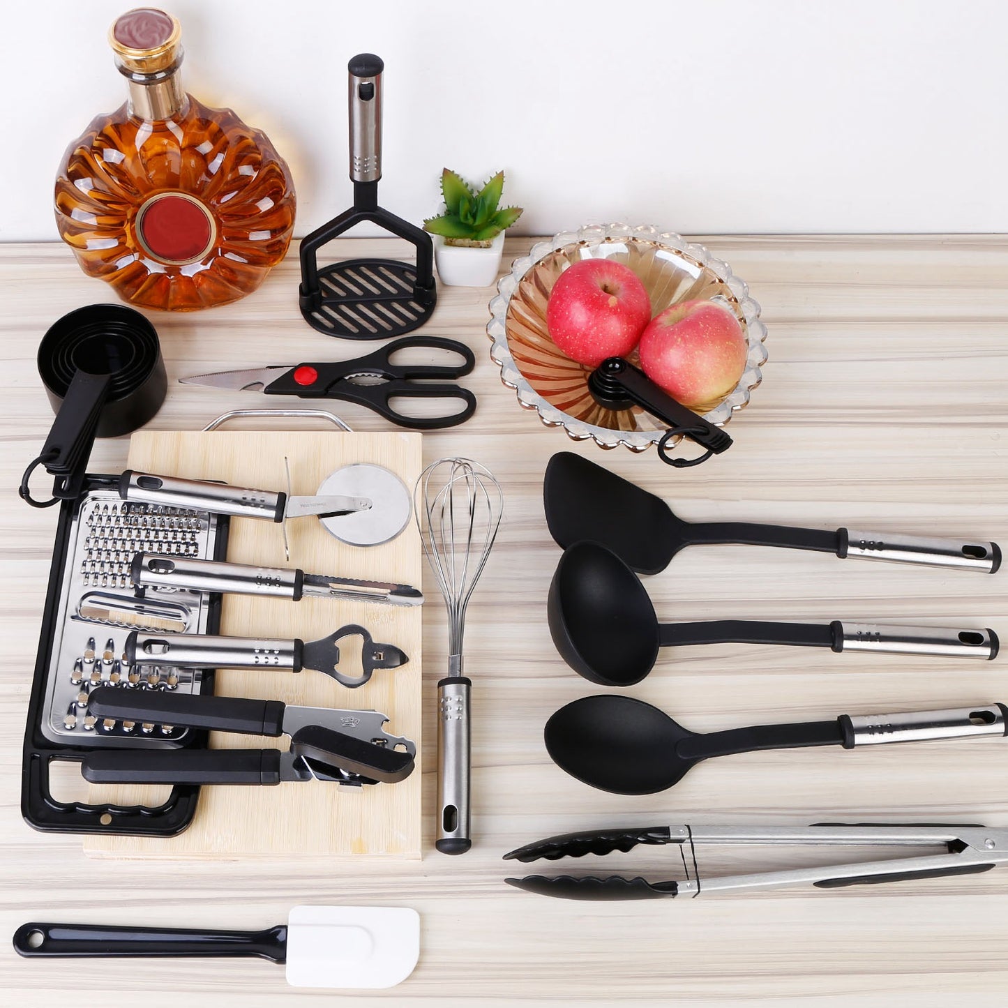 23Pcs Kitchen Utensil Set Stainless Steel Nylon Heat Resistant Cooking Utensil Tool Kit w/ Grater Scraper Tongs Whisk Can Bottle Opener Pizz