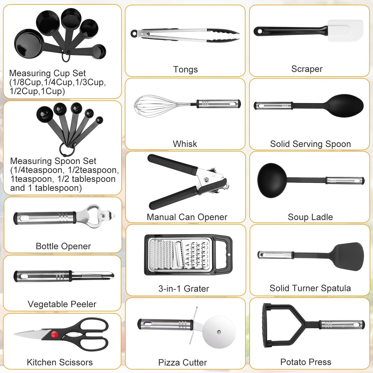23Pcs Kitchen Utensil Set Stainless Steel Nylon Heat Resistant Cooking Utensil Tool Kit w/ Grater Scraper Tongs Whisk Can Bottle Opener Pizz