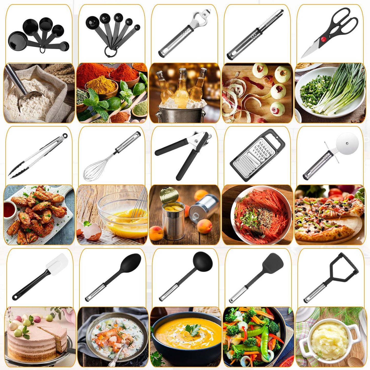 23Pcs Kitchen Utensil Set Stainless Steel Nylon Heat Resistant Cooking Utensil Tool Kit w/ Grater Scraper Tongs Whisk Can Bottle Opener Pizz