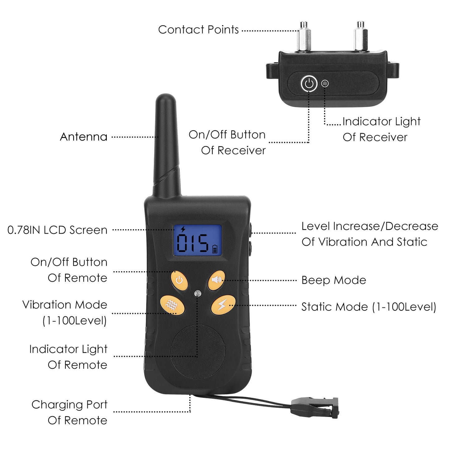 Dog Training Collar IPX7 Waterproof Pet Beep Vibration Electric Shock Collar Rechargeable Transmitter Receiver Trainer w/ Remote