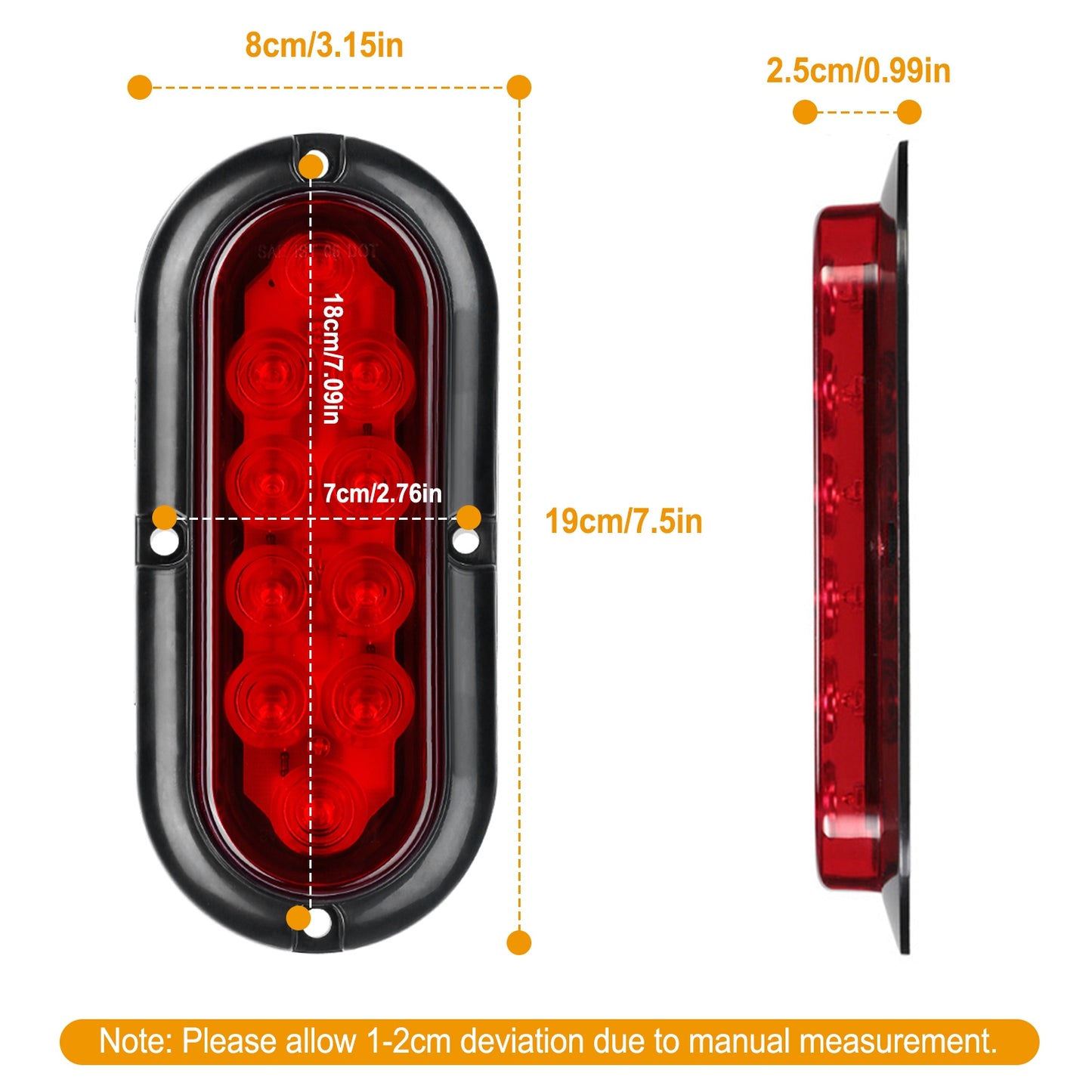 2Pcs Oval LED Brake Light 10LEDs Lamp Stop Turn Tail Light IP65 Waterproof Oval Red Trailer Tail Light for Trunk Jeep RV