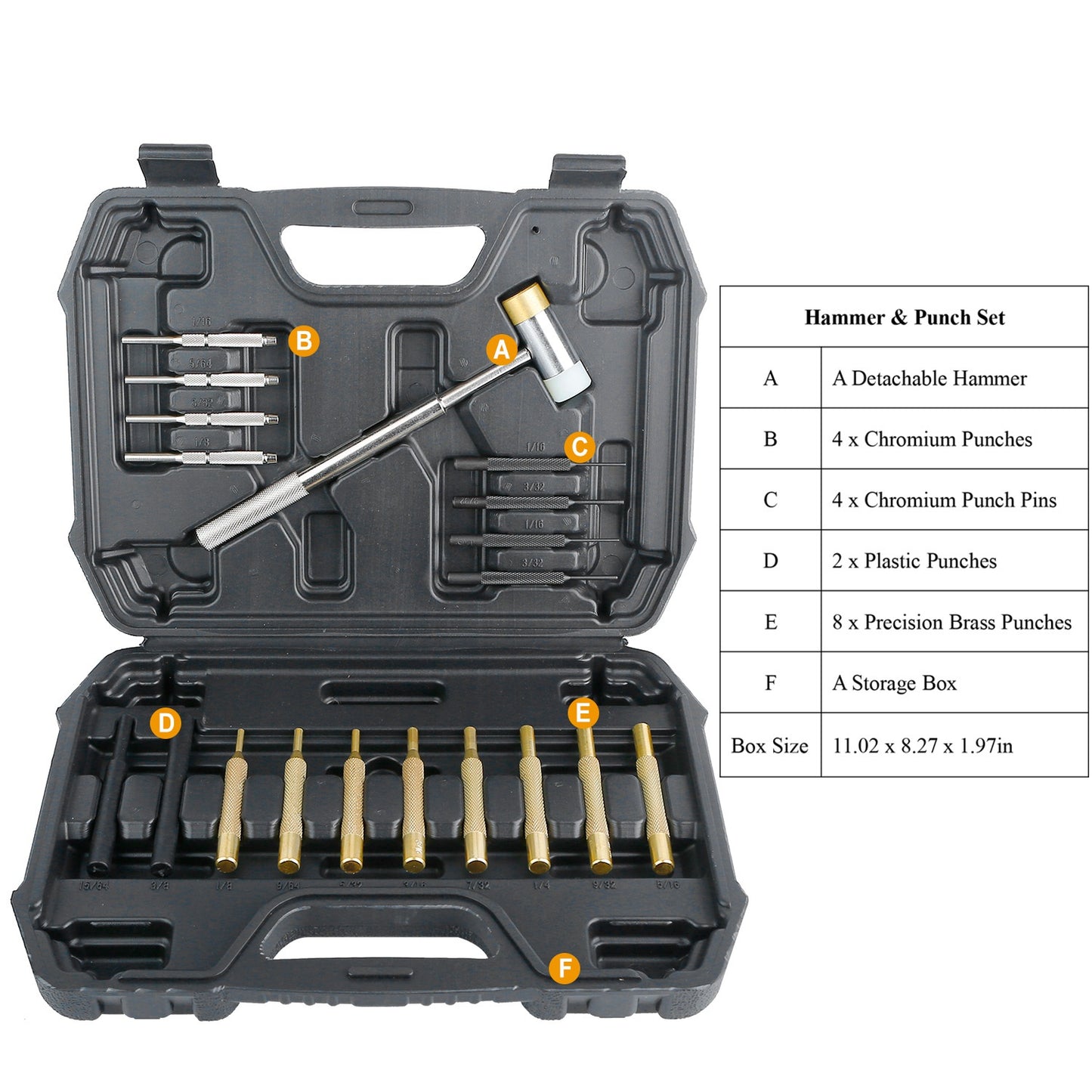 19Pcs Hammer Punch Set Drift Pin Punch Kit w/ Brass Chromium Punches for Gunsmithing Maintenance with Storage Box