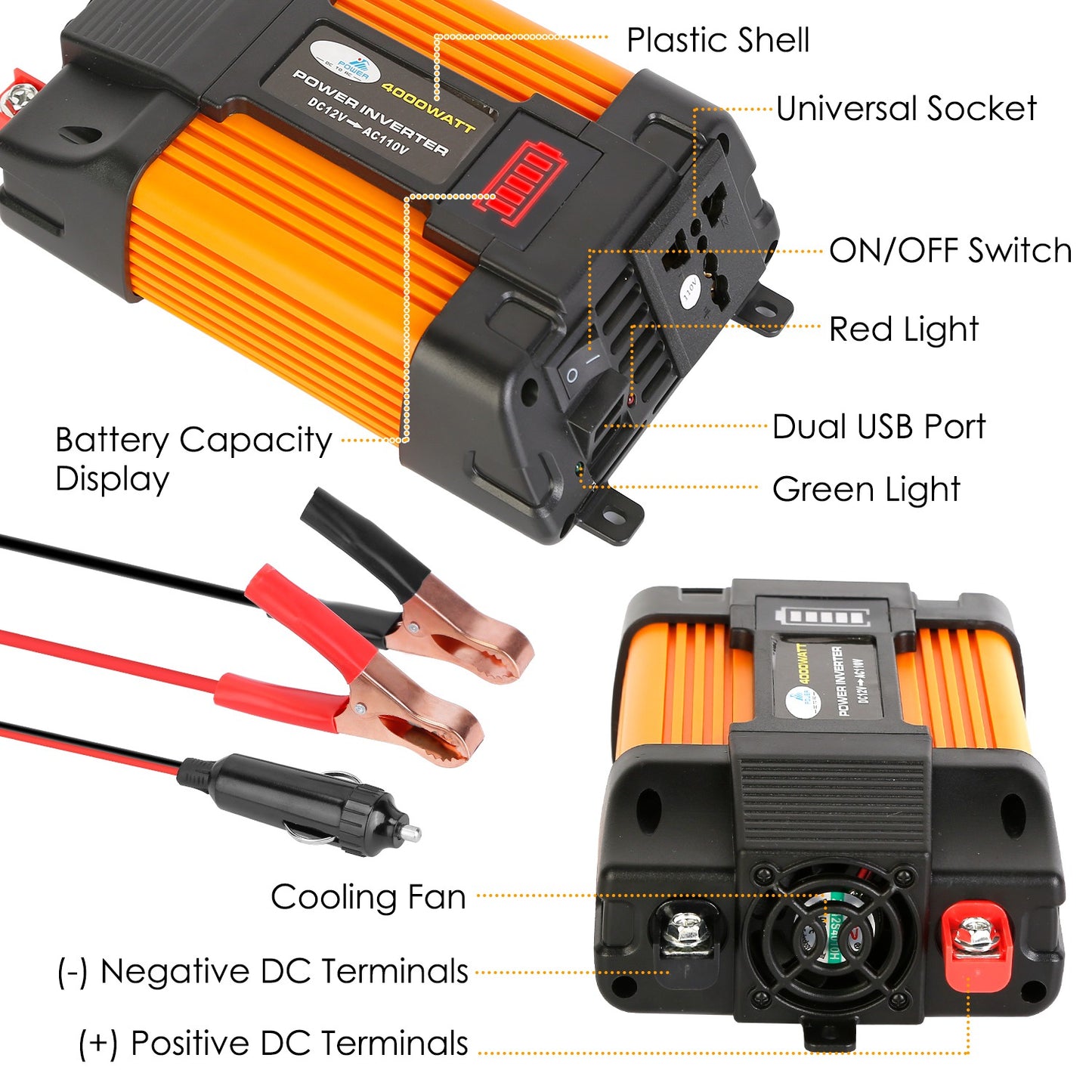 500W Continuous Power Inverter DC 12V To AC 110V Car 4000w Peak Power Inverter w/ Dual 5V 2.1A USB Ports