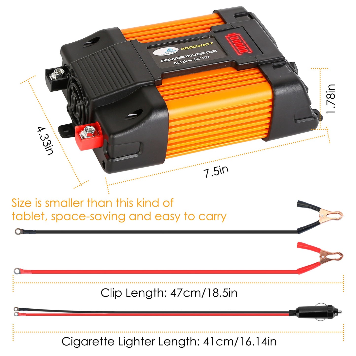 500W Continuous Power Inverter DC 12V To AC 110V Car 4000w Peak Power Inverter w/ Dual 5V 2.1A USB Ports
