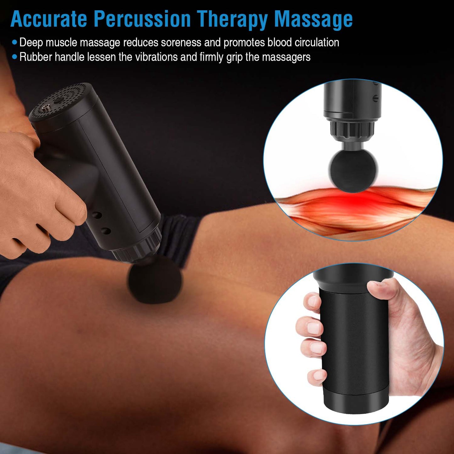 Percussion Massage Gun Rechargeable Deep Tissue Vibration Massager Handheld Leg Body Cordless Massager 4 Interchangeable Head 6 Intensity