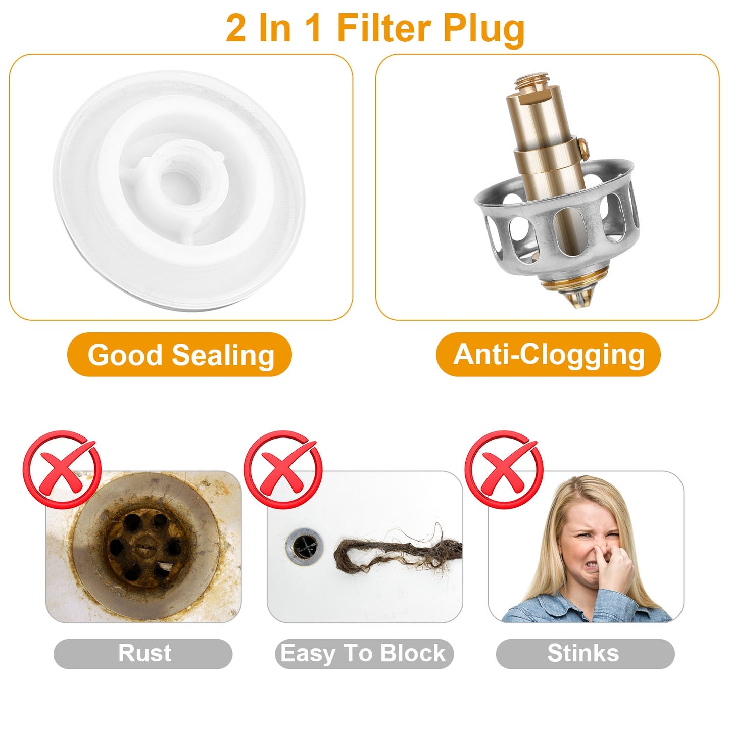 2Pcs Sink Drain Plugs Wash Basin Bounce Drain Filter Pop Up Bathtub Sink Drain Stoppers Strainer W/ Basket