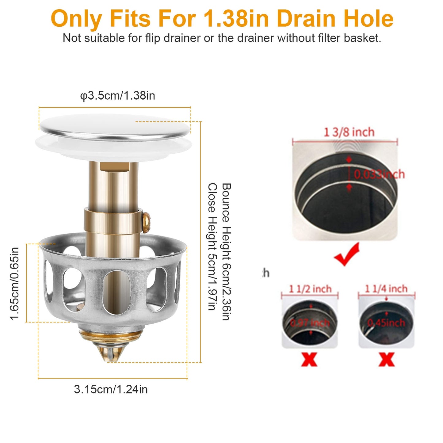 2Pcs Sink Drain Plugs Wash Basin Bounce Drain Filter Pop Up Bathtub Sink Drain Stoppers Strainer W/ Basket