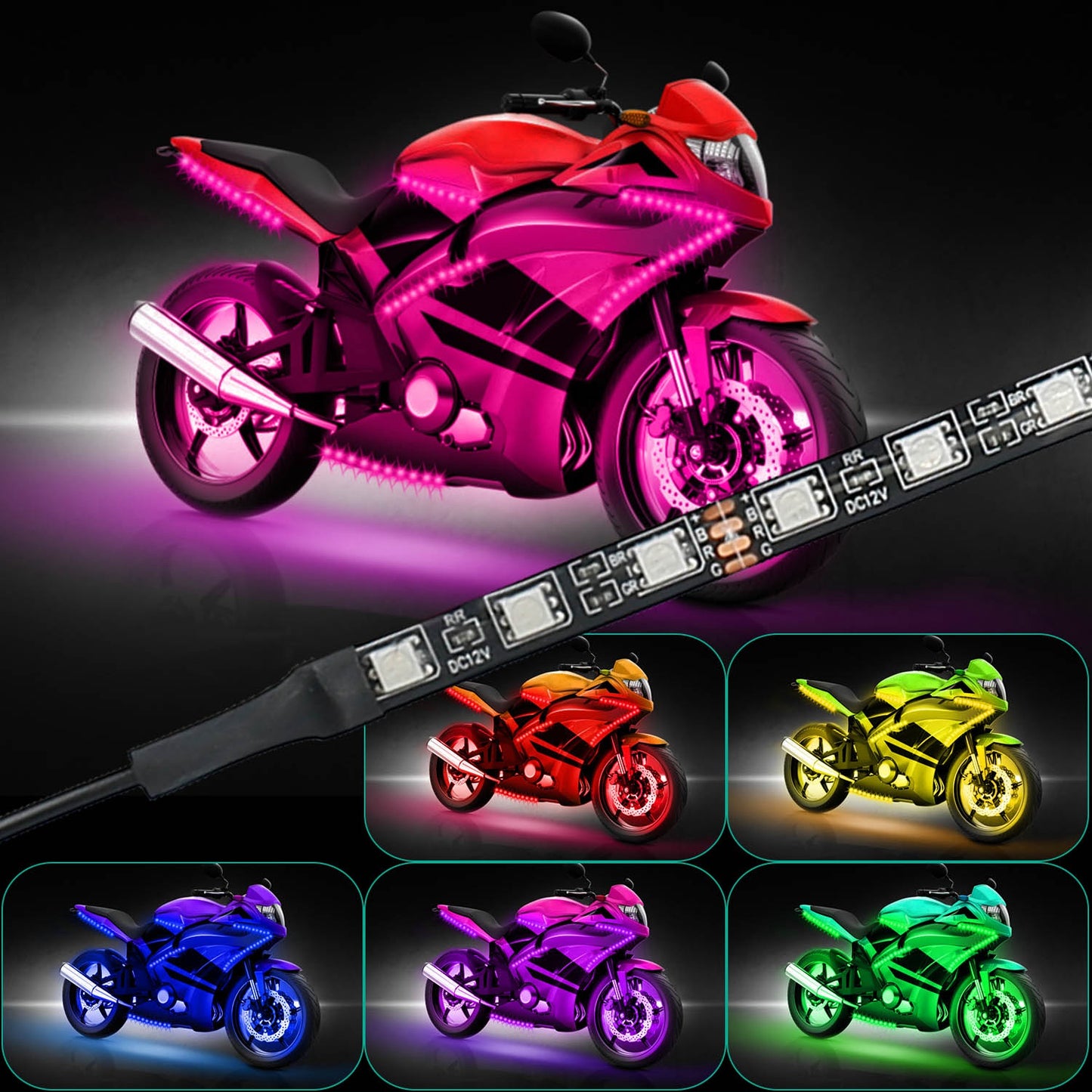 6Pcs Motorcycle LED Light Strips Multi-Color Neon Light Kits Waterproof DC 12V RGB Atmosphere Lights W/ Remote Controller Fit For Motorcycle