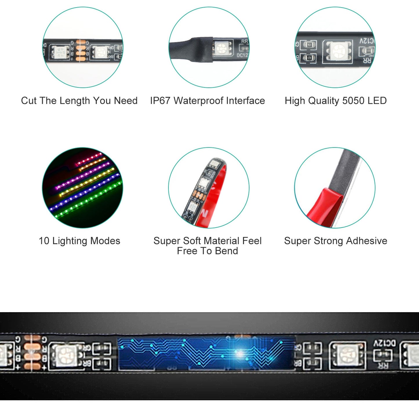 6Pcs Motorcycle LED Light Strips Multi-Color Neon Light Kits Waterproof DC 12V RGB Atmosphere Lights W/ Remote Controller Fit For Motorcycle