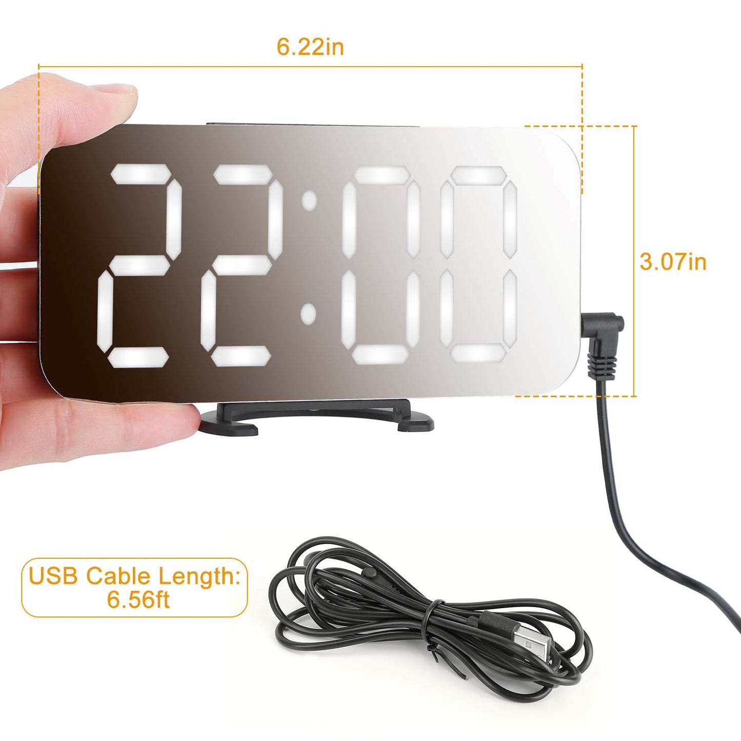 Mirror LED Alarm Clock Electronic Snooze Night Light Alarm Clock with Dimming Mode 3 Level Brightness Dual USB Ports