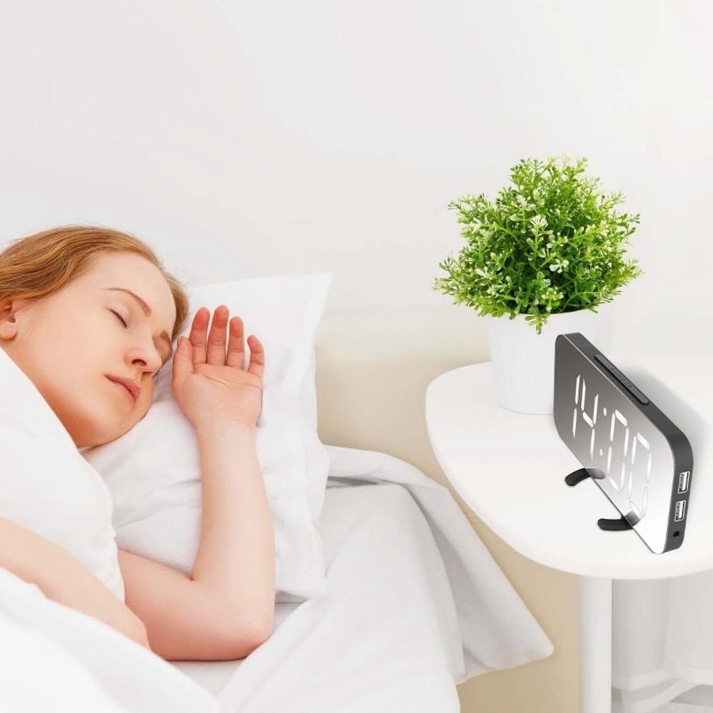 Mirror LED Alarm Clock Electronic Snooze Night Light Alarm Clock with Dimming Mode 3 Level Brightness Dual USB Ports