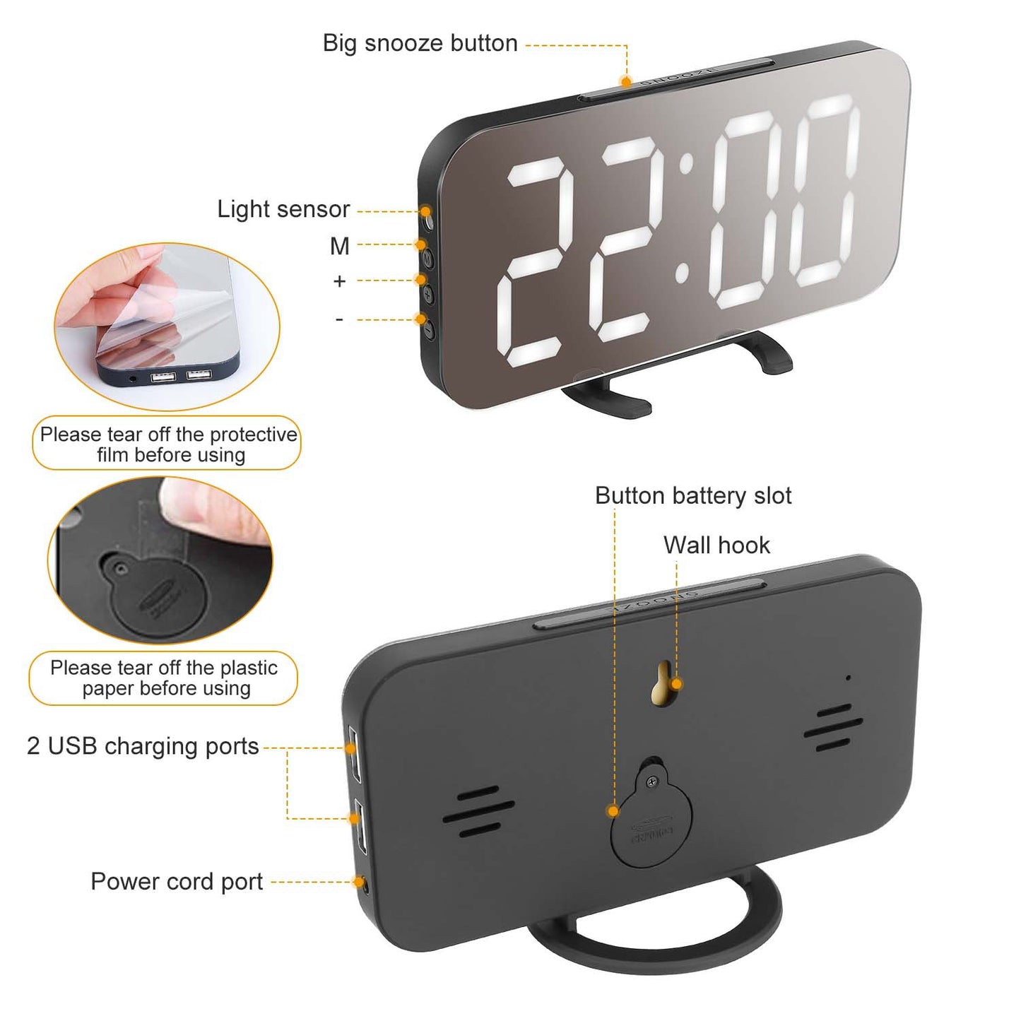 Mirror LED Alarm Clock Electronic Snooze Night Light Alarm Clock with Dimming Mode 3 Level Brightness Dual USB Ports