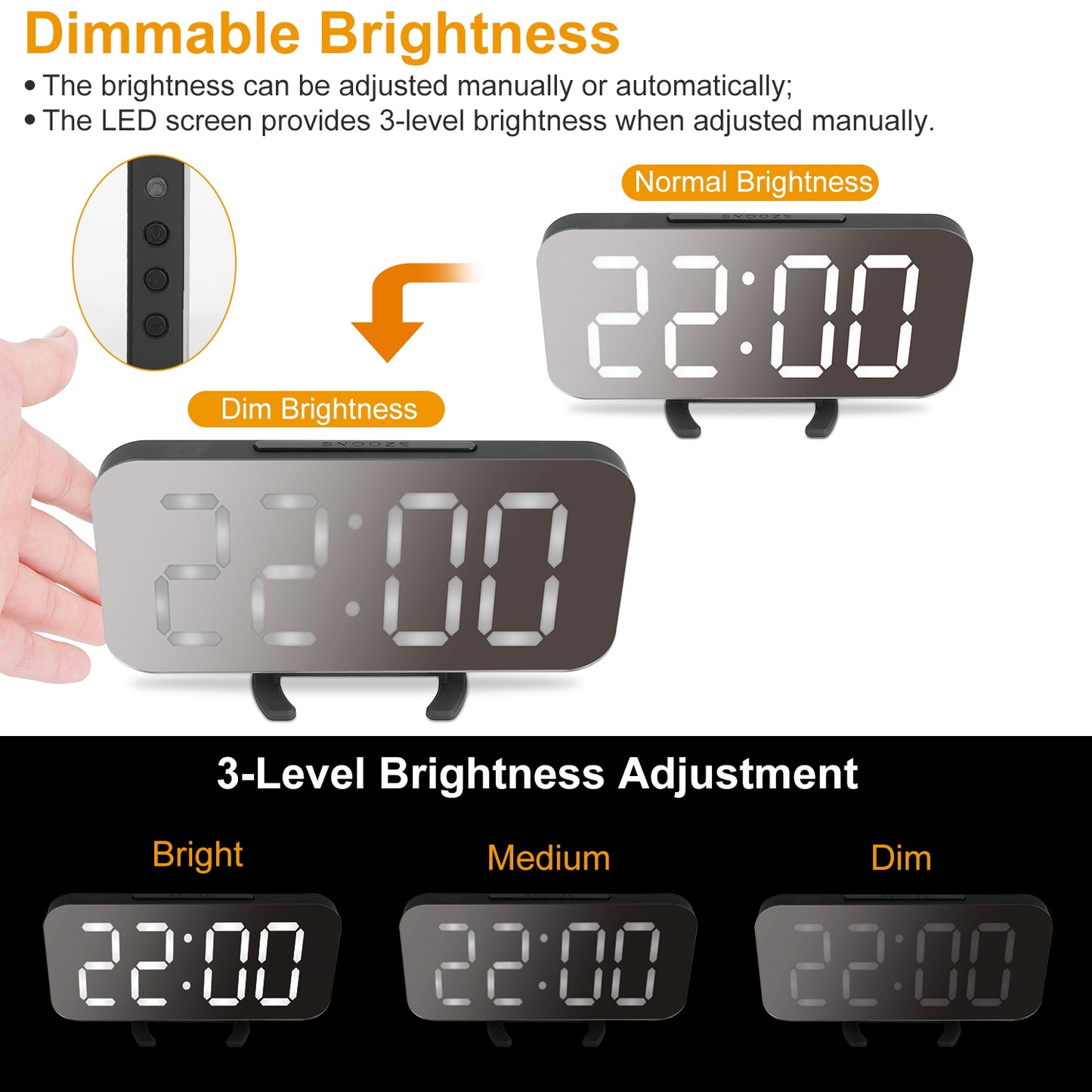 Mirror LED Alarm Clock Electronic Snooze Night Light Alarm Clock with Dimming Mode 3 Level Brightness Dual USB Ports