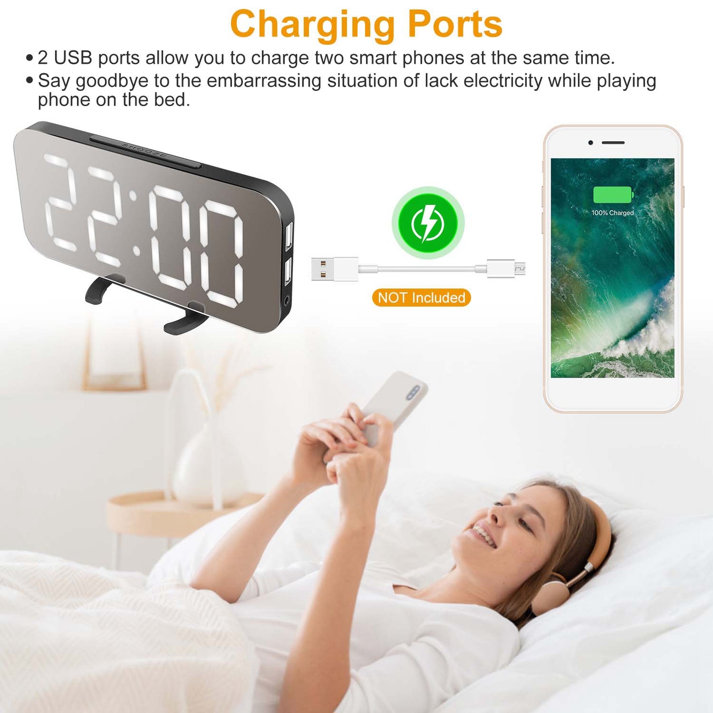Mirror LED Alarm Clock Electronic Snooze Night Light Alarm Clock with Dimming Mode 3 Level Brightness Dual USB Ports