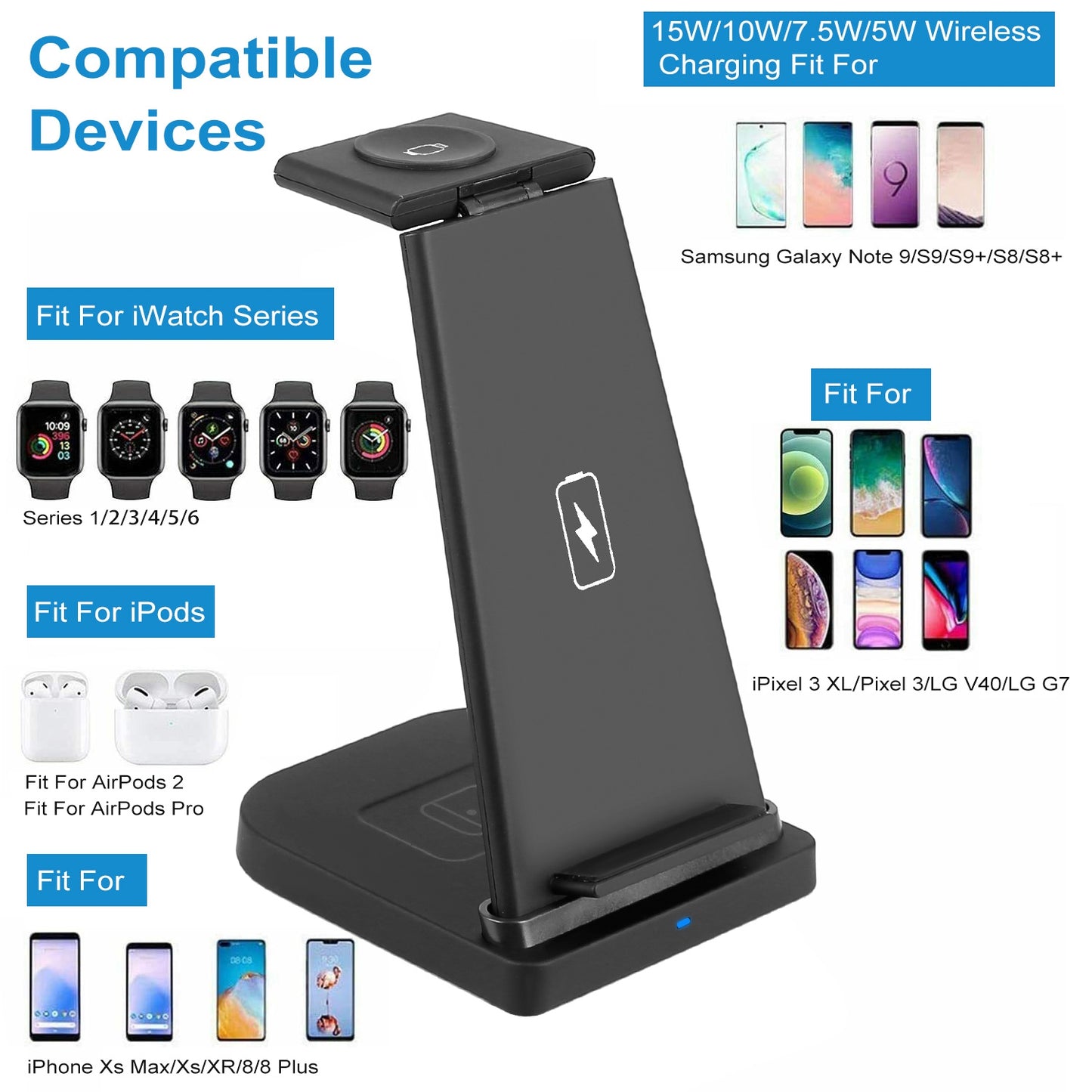 Wireless Qi Enabled Charger Dock 15W Fast Charging Station For iPhone Apple iWatch Series 6/5/4/3/2/1 AirPods 2 AirPods Pro