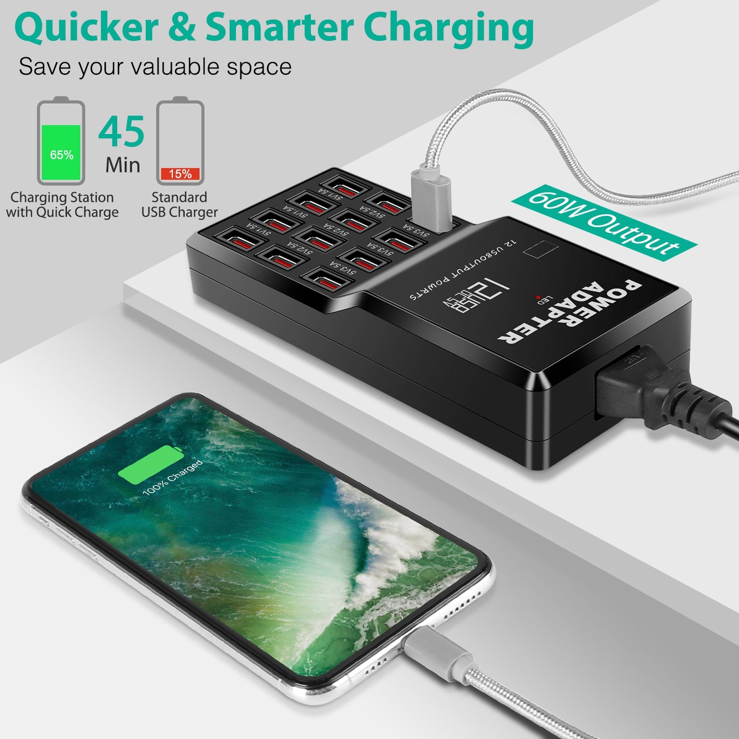Multi 12 Port USB Charging Station Hub 60W Desktop USB Hub Multiple USB Charger Fast Charge For iPod iPhone