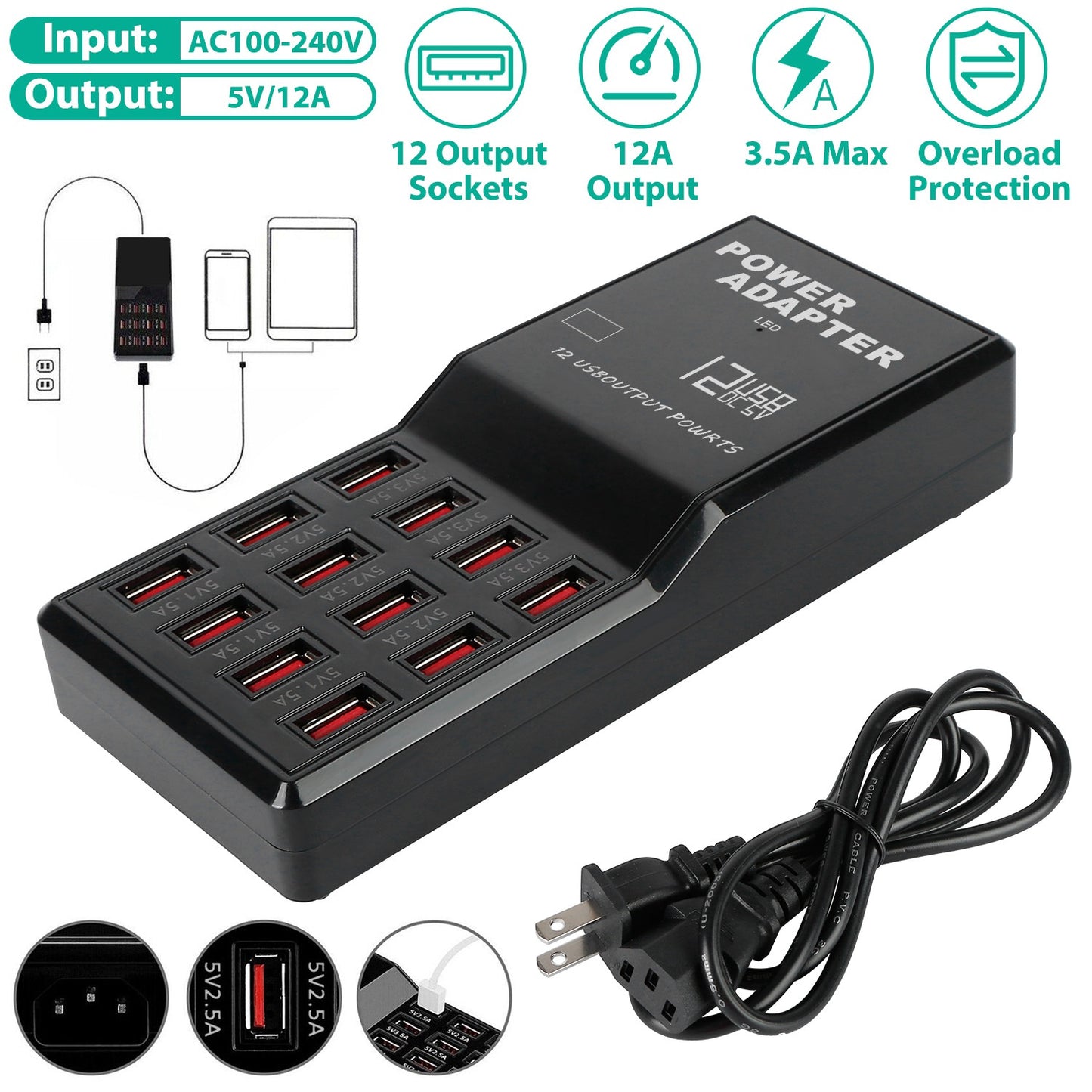 Multi 12 Port USB Charging Station Hub 60W Desktop USB Hub Multiple USB Charger Fast Charge For iPod iPhone