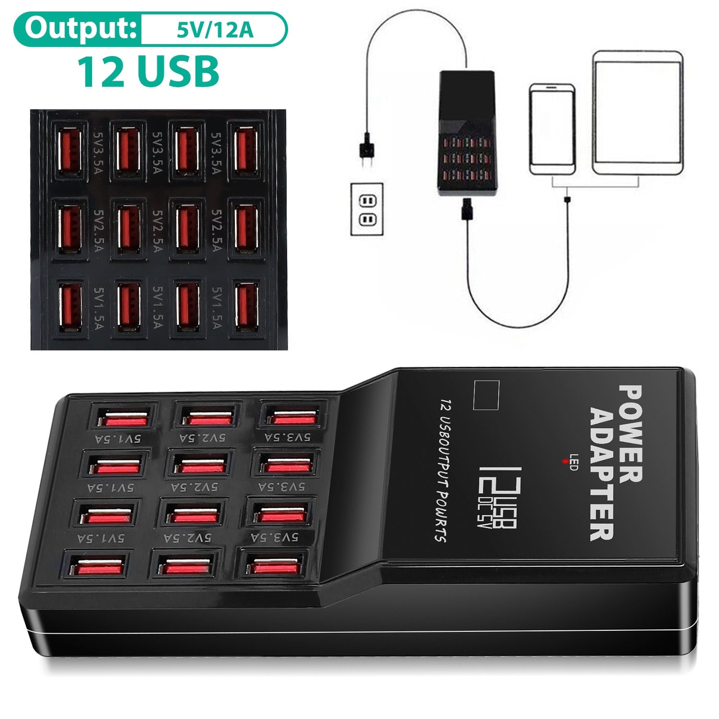 Multi 12 Port USB Charging Station Hub 60W Desktop USB Hub Multiple USB Charger Fast Charge For iPod iPhone