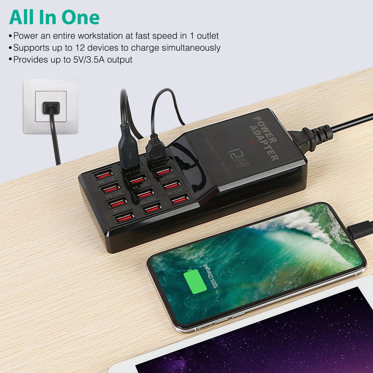 Multi 12 Port USB Charging Station Hub 60W Desktop USB Hub Multiple USB Charger Fast Charge For iPod iPhone