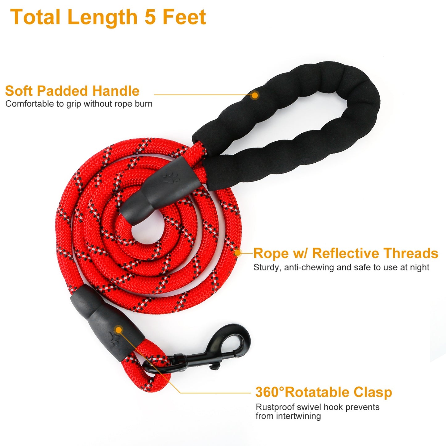 5FT Dog Leash Dog Training Walking Lead w/ Foam Handle Highly Reflective Treads Strong Nylon Dog Rope