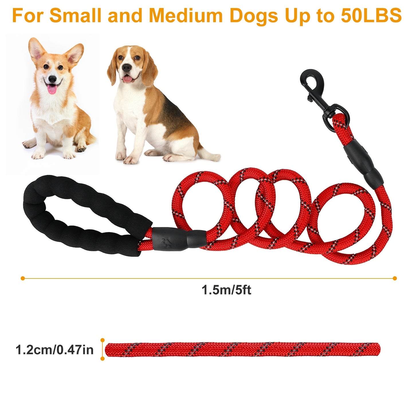 5FT Dog Leash Dog Training Walking Lead w/ Foam Handle Highly Reflective Treads Strong Nylon Dog Rope