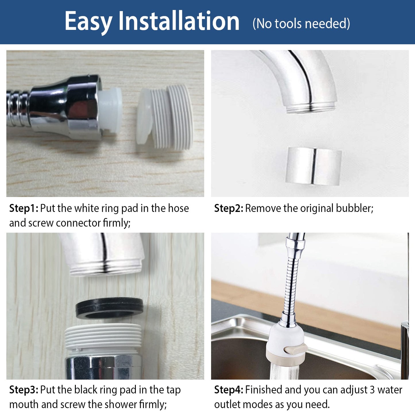 Movable Kitchen Tap Head 360Degree Rotatable Swivel Water-Saving Faucet Anti-Splash Sink Tap Head with 3 Modes