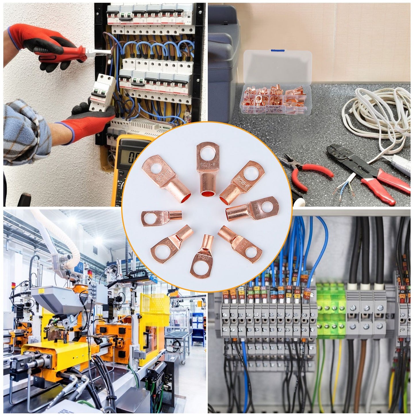 60Pcs Battery Bare Copper Ring Lug Terminals SC Battery Welding Connector Set Wire Gauge SC6-25 Kit