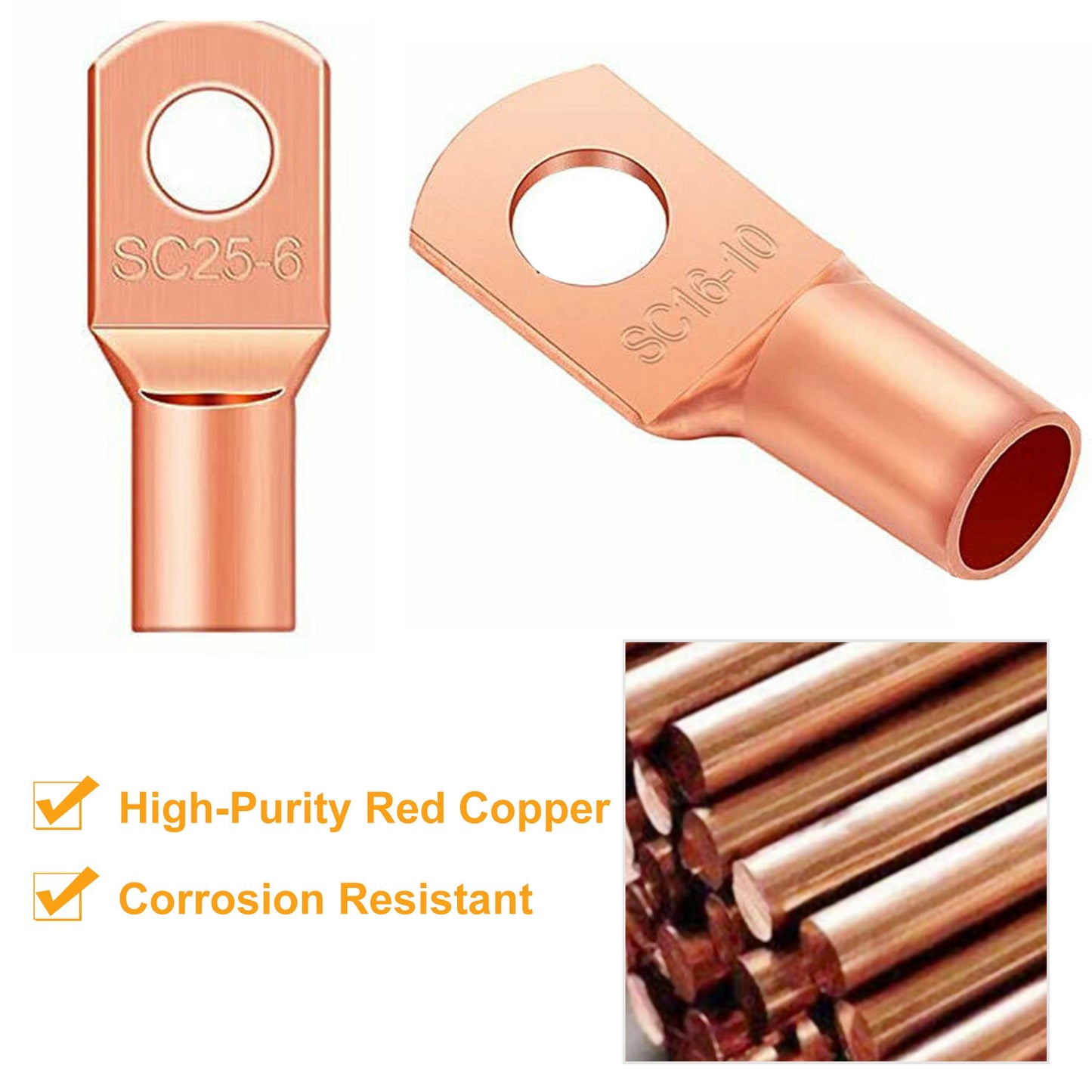 60Pcs Battery Bare Copper Ring Lug Terminals SC Battery Welding Connector Set Wire Gauge SC6-25 Kit