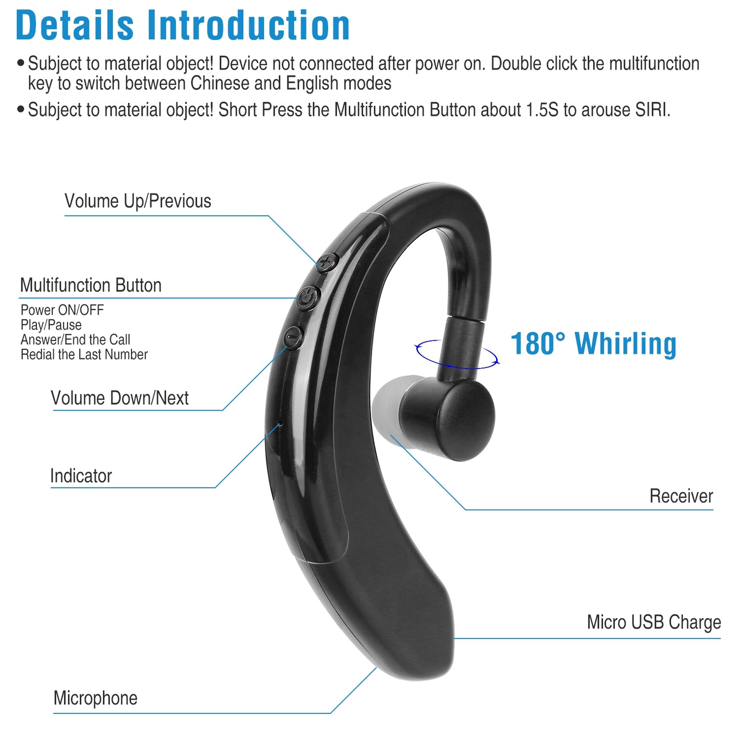 Wireless V5.0 Earpiece Noise Cancelling Driving Earbuds 180 Degree Rotatable Left Right Ear Fit Earphone For Business Driving Running