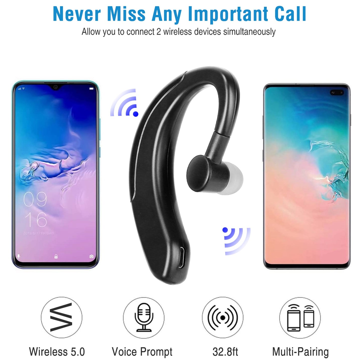 Wireless V5.0 Earpiece Noise Cancelling Driving Earbuds 180 Degree Rotatable Left Right Ear Fit Earphone For Business Driving Running