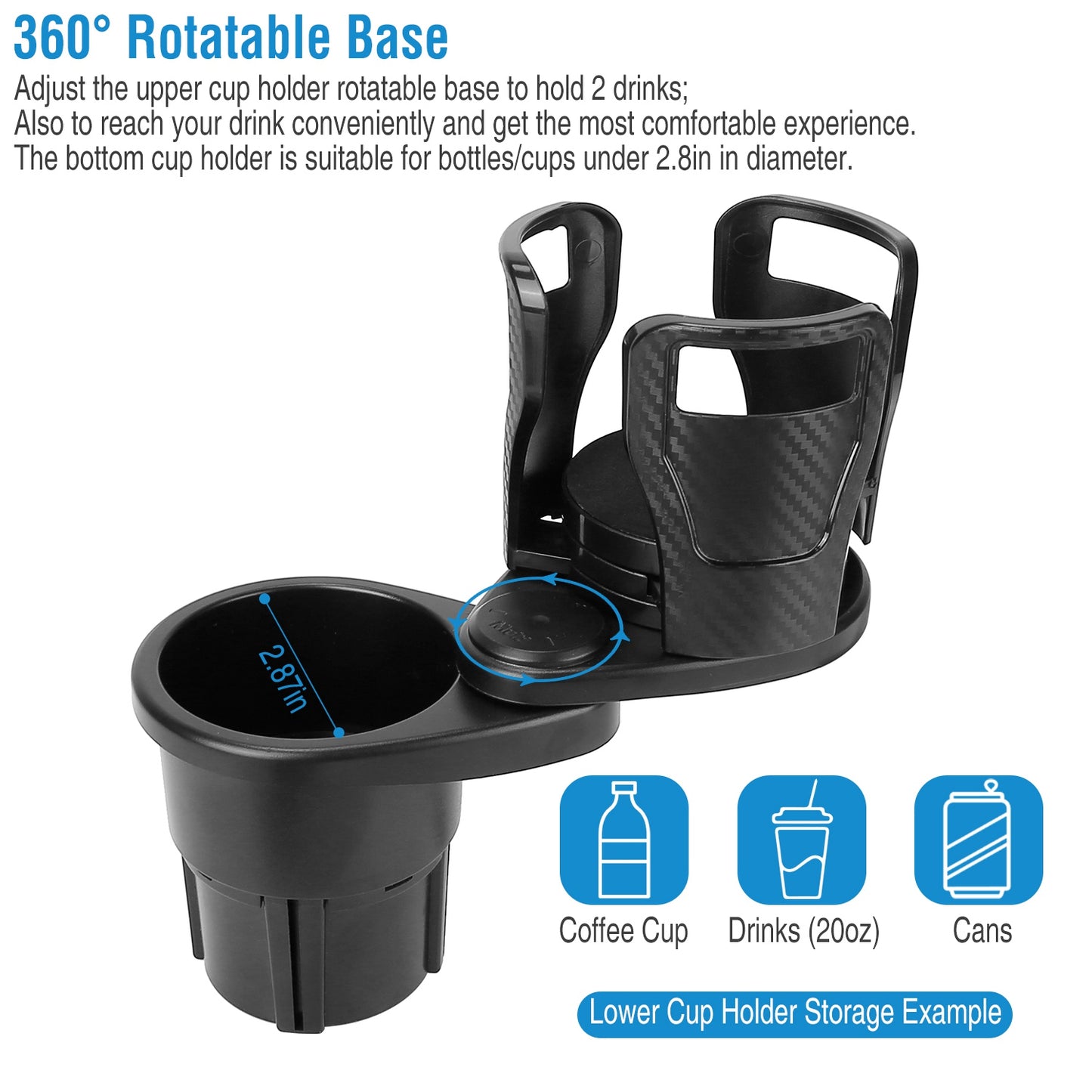 2 In 1 Car Cup Holder Extender Adapter Dual Cup Mount Organizer Holder For Most 20 oz Up To 5.9" Coffee Drinking Bottles